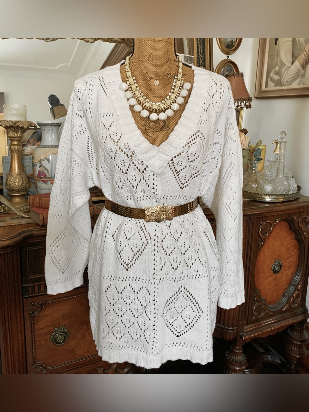 Vintage Boho Cottagecore White Cotton Geometric Oversized Sweater - Mini Dress